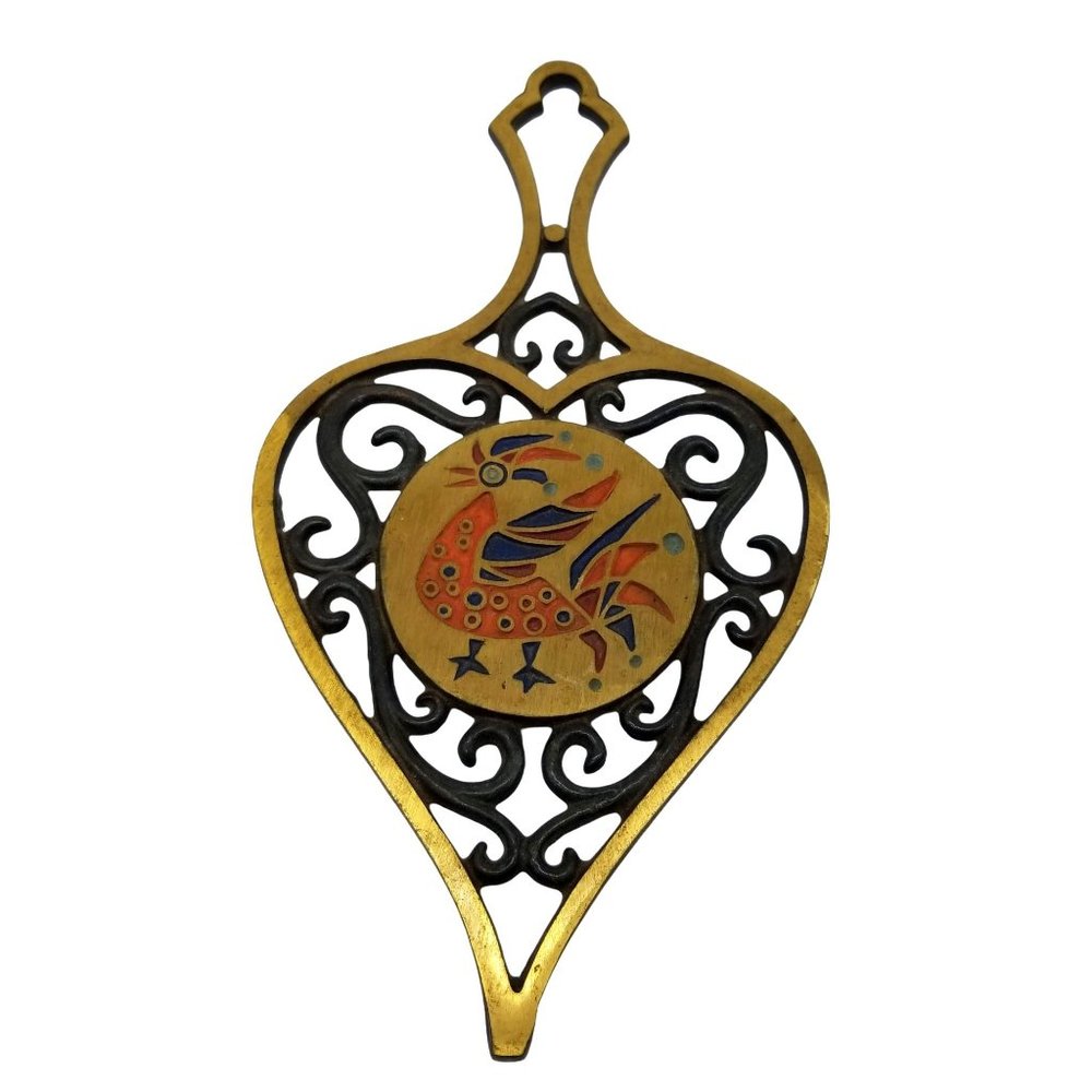 Vintage Jewish Brass Wrought Iron Rooster Trivet Wall Home Decor Painted 9 x 4.5